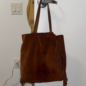 All Saints Dark Brown Suede Tote with Fringe